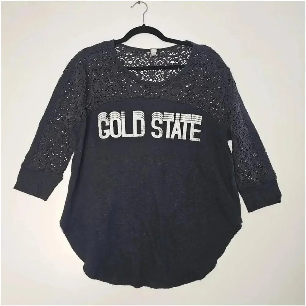Free People Gold State Black Distressed Tee Vintage Style Size M